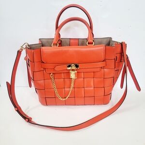 Rare Michael Kors Hamilton Legacy Large Woven Leather Belted Satchel Bag Orange